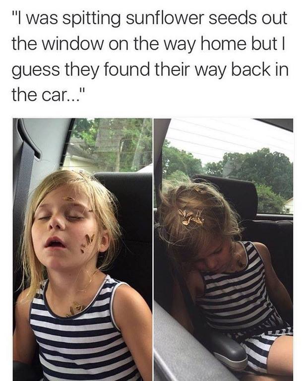 i was spitting sunflower seeds out the window on the way home but i guess they found their way back in the car, sunflower seeds on little girls face and hair
