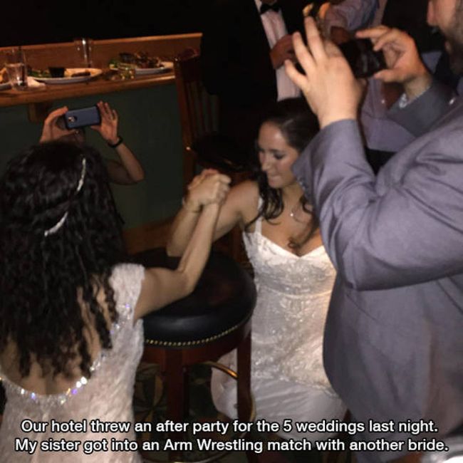 our hotel threw an after party for the 5 weddings last night, my sister got into an arm wrestling match with another bride