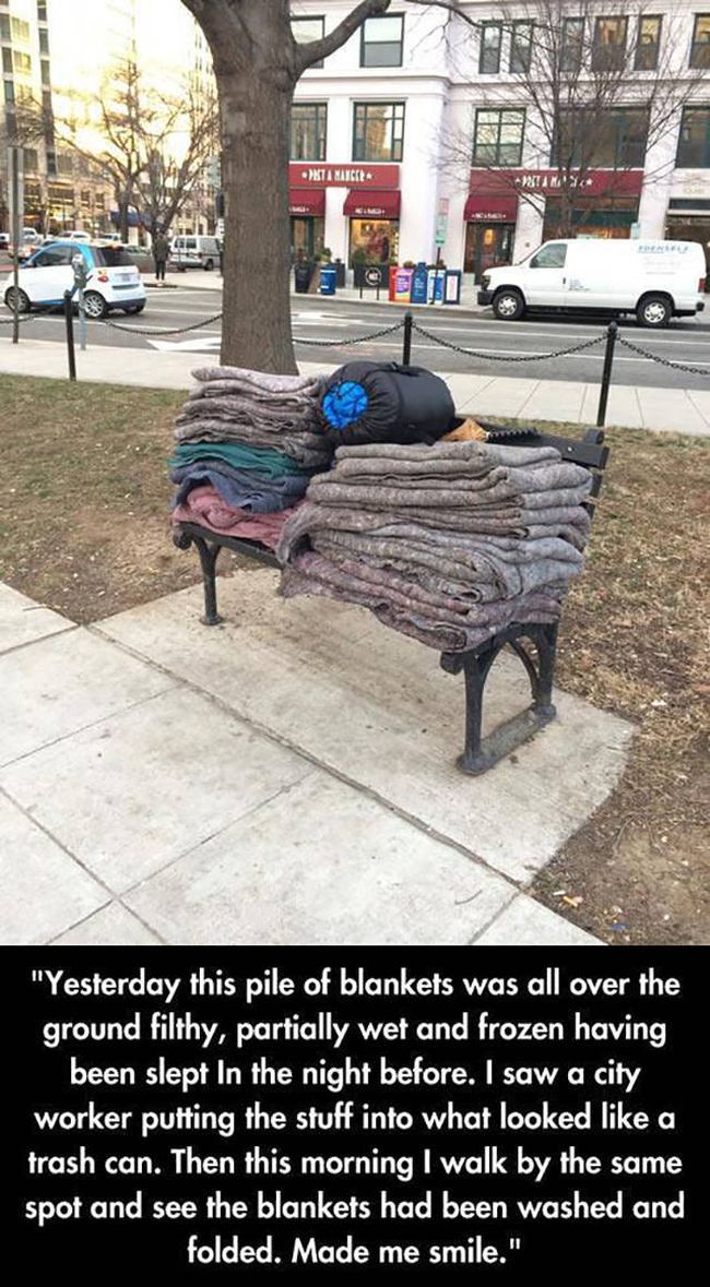 yesterday this pile of blankets was all over the ground filthy, partially wet and frozen having been slept in the night before, i saw a city worker putting the stuff into a trash can, photos that will make you smile