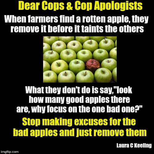 dear cops and cop apologists, when farmers find a rotten apple, they remove it before it taints the others, look how many good apples there are, why focus on one bad one?, stop making excuses for the bad apples and just remove the