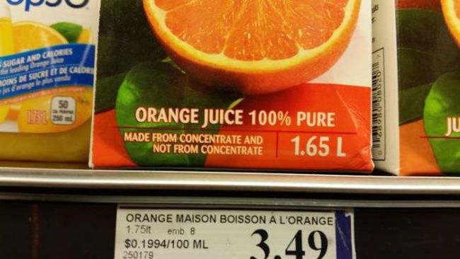 orange juice, made from concentrate and not from concentrate
