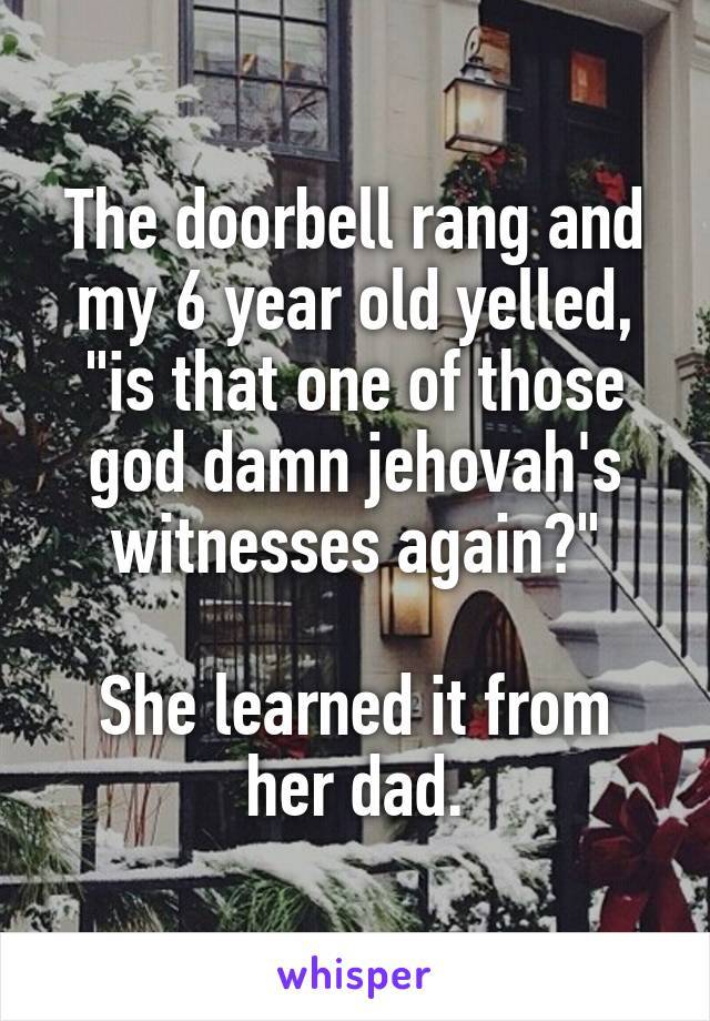 the doorbell rang and my 6 year old yelled, is that one of those god damn jehovah's witnesses again?