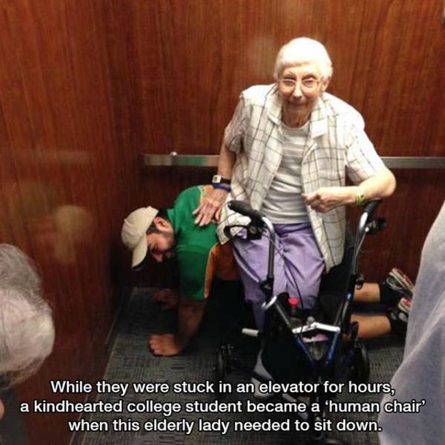while they were stuck in an elevator for hours, a kindhearted college student became a human chair when this elderly lady needed to sit down, photos to make you smile