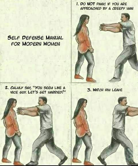 self defence manual for modern women, do no panic if you are approached by a creepy man, calmly say, you seem like a nice guy let's get married, watch him leave