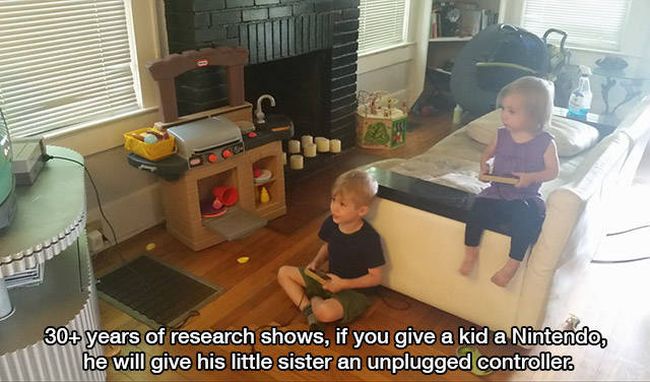 little girl kiss reaction, 30+ years of research shows, if you give a kid a nintendo, he will give his little sister an unplugged controller