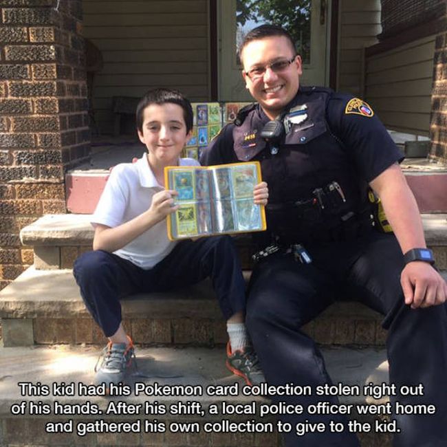 this kid had his pokemon card collection stolen right out of his hands, after his shift a local police officer went home and gathered his own collection to give to the kid, photos to make you smile, good cop