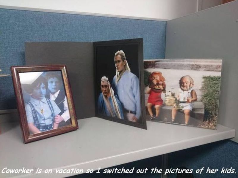 coworker is on vacation s i switched out the pictures of her kids, troll