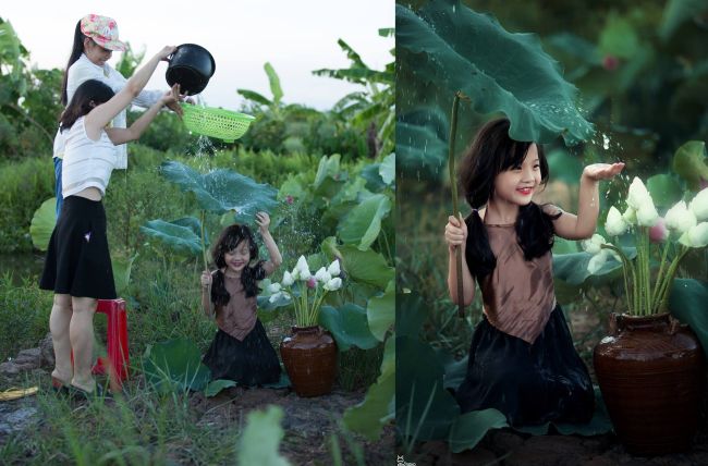 how magical photos are made, little girl collecting rainwater from leaf