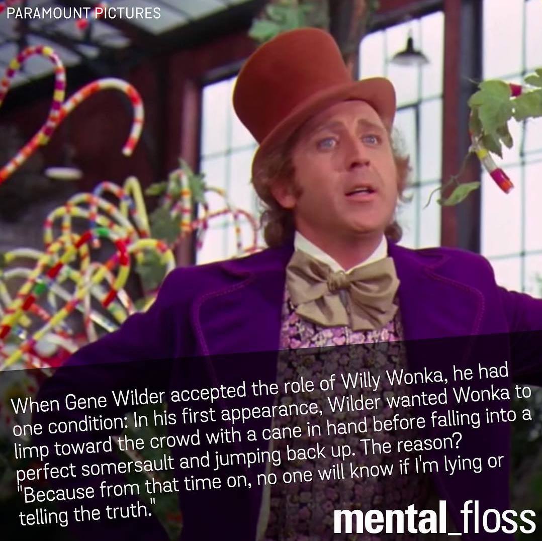 when gene wilder accepted the role of willy wonka, he had one condition, in his first appearance wilder wanted wonka to limp toward the crowd with a cane in hand before falling into a perfect somersault and jumping back up