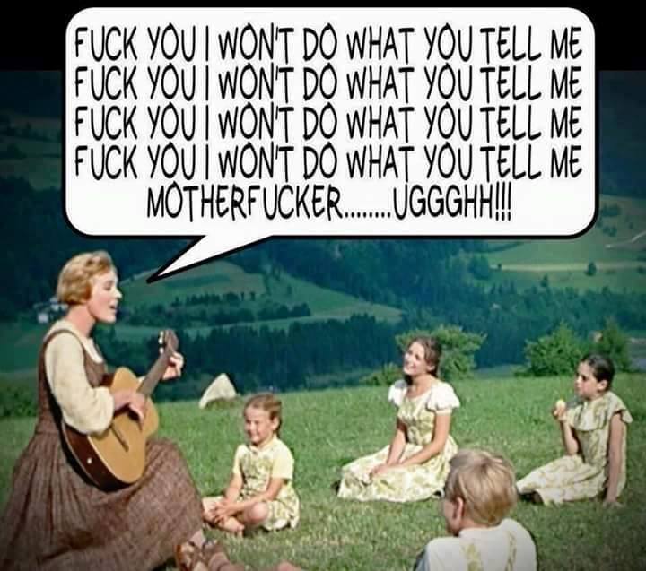 fuck you i won't do what you tell me, motherfucker, ugh!, old style woman singing to children while playing the guitar