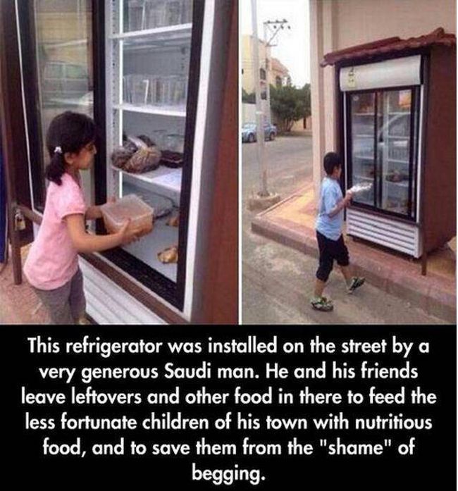 this refrigerator was installed on the street by a very generous saudi man, he and his friends leave leftovers and other food in there to feed the less fortunate children of his town with nutritious food, and to save them