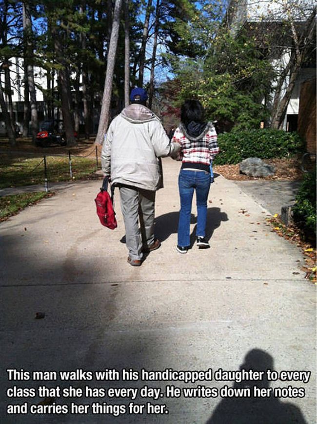 this man walks with his handicapped daughter to every class that she has every day, he writes down her notes and carries her things for her