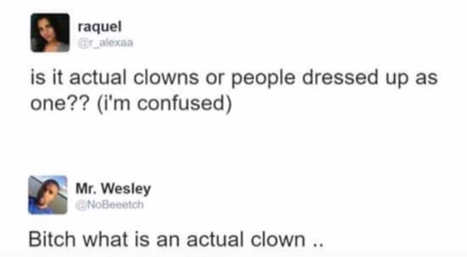 is it actual clowns or people dressed up as one?, bitch what is an actual clown?