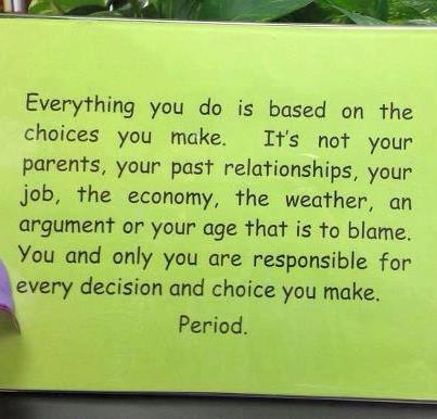 everything you do is based on the choices you make, it's not your parents, your past relationships, your job, the economy, an argument or your age that is to blame, you are responsible for every decision and choice you make