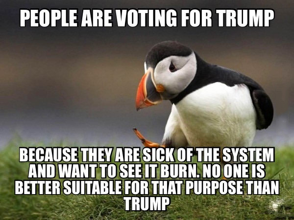 people are voting for trump because they are sick of the system and want to see it burn, no one else is better suitable for that purpose than trump, unpopular opinion puffin, meme