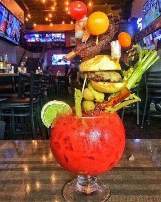steak burger and vegetable bloody mary