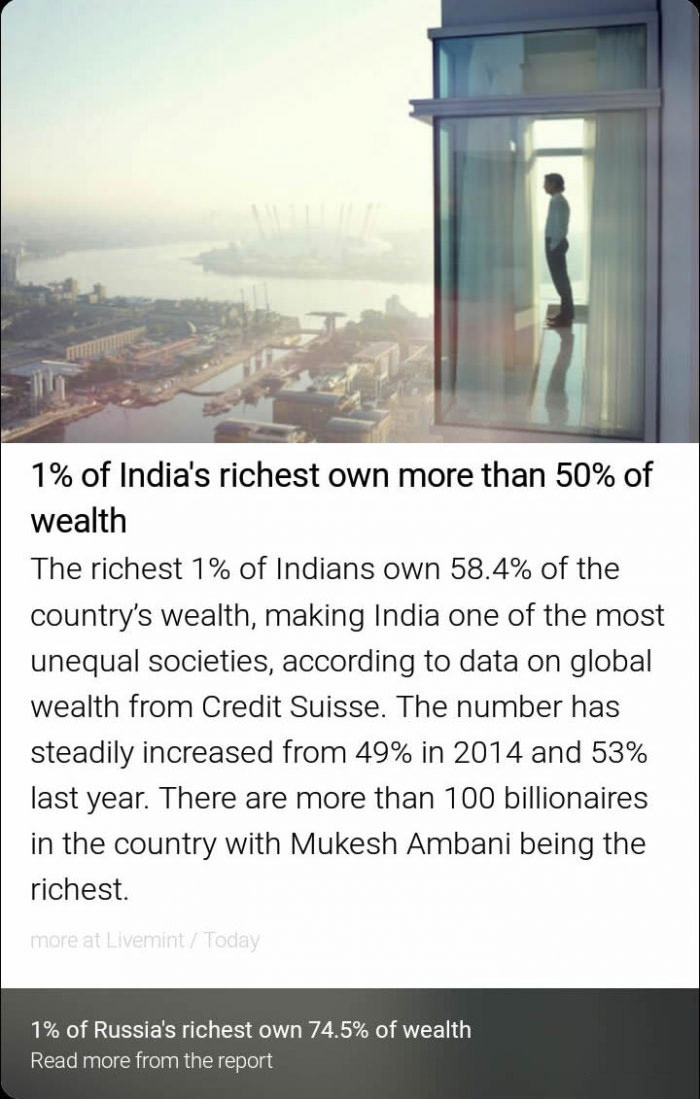 1% of india's richest own more than 50% of wealth, the richest 1% of indians own 58.4% of the country's wealth, 1% of russia's richest own 74.5% of wealth