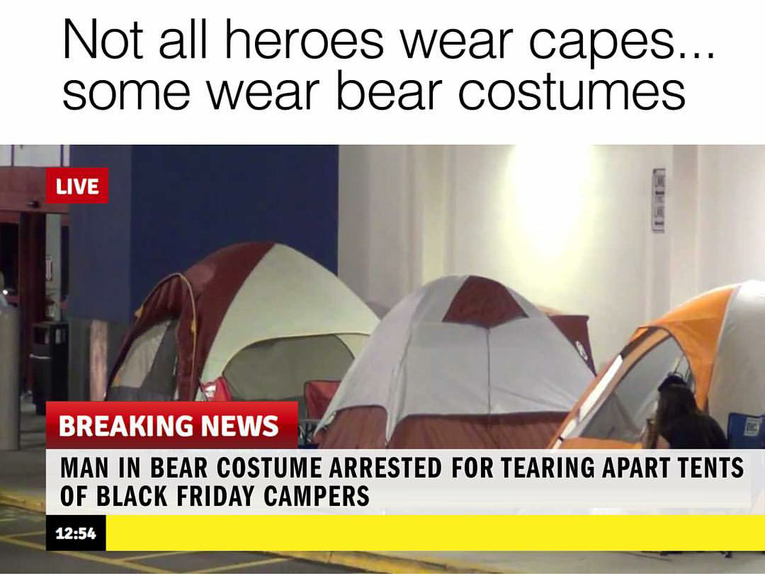 not all heroes wear capes, some wear bear costumes, man in bear costume arrested for tearing apart tents of black friday campers