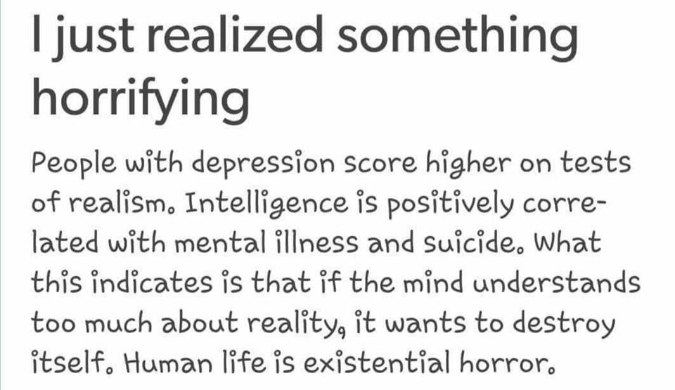 i just realized something horrifying, people with depressing score higher on tests of realism, intelligence is positively correlated with mental illness and suicide, human life is existential horror