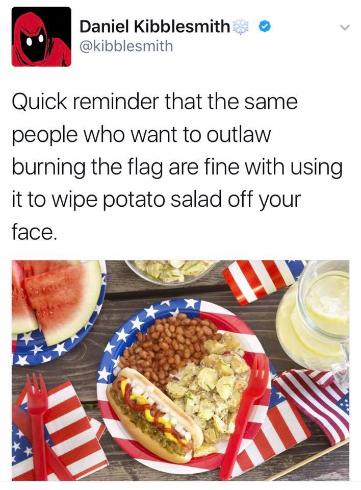 quick reminder that the same people who want to outlaw burning the flag are fine with using it to wipe potato salad off your face