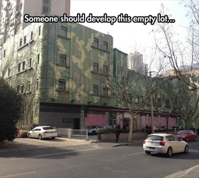 someone should develop this empty lot, camouflaged building