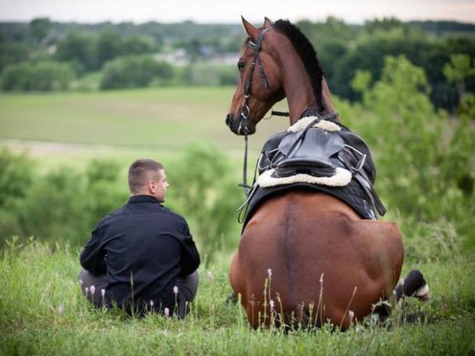 man is sitting on a hill with a horse