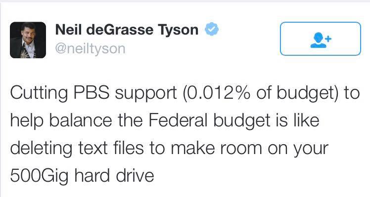 cutting pbs support 0.012% of budget, to help balance the federal budget is like deleting text files to make room on your 500gig hard drive, neil degrasse tyson