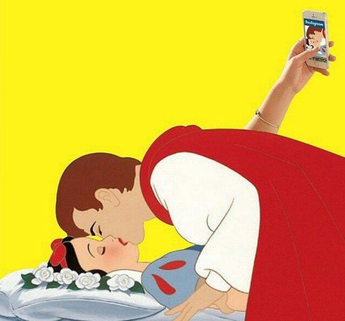 snow white taking a selfie at the moment of the kiss, disney in 2016