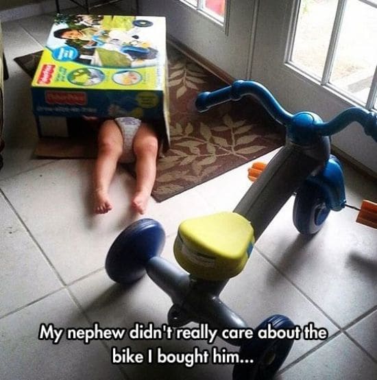 my nephew didn't really care about the bike i bought him, toddler in toy box