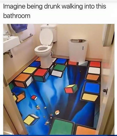 imagine being drunk walking into this bathroom, ruby cube falling away floor art