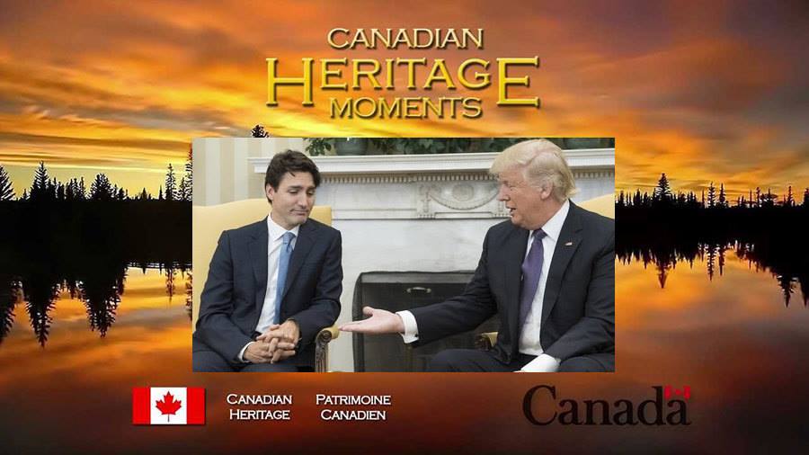 canadian heritage moments, trudeau staring at trump's hand with disdain