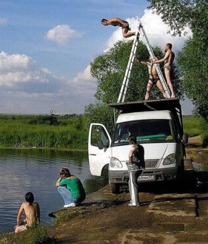 jumping from a ladder from a van into the water, fun is easy