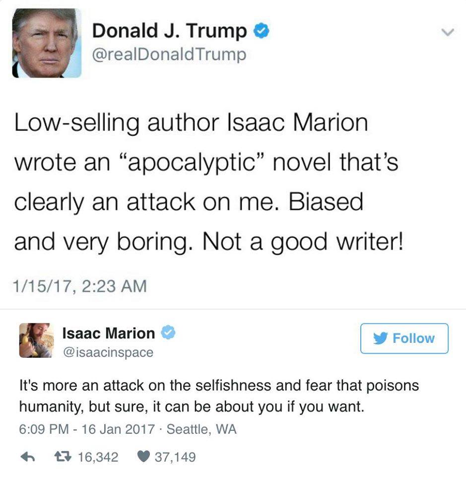 low selling author isaac marion wrote an apocalyptic novel that's clearly an attack on me, biased and very boring, it's more an attack on the selfishness and fear that poisons humanity, but sure it can be about you if you want
