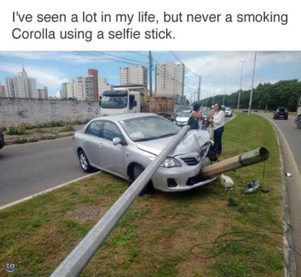 i've seen a lot in my life, but never a smoking corolla using a selfie stick