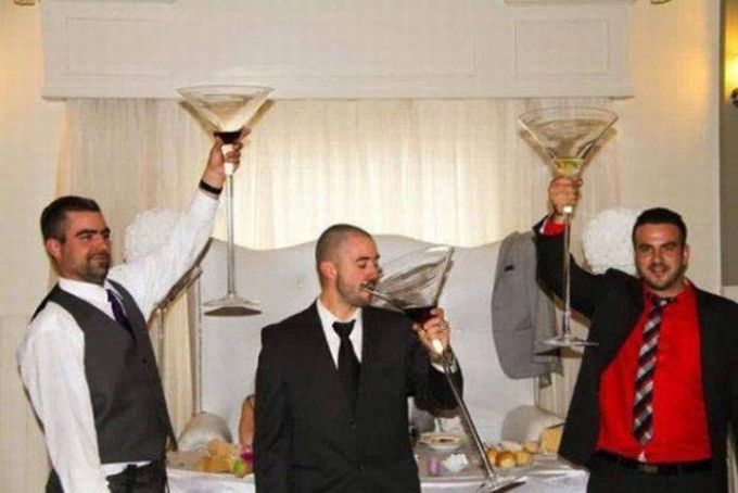 three guys with giant martini glasses