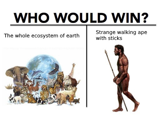 who would win, the whole ecosystem of earth, strange walking ape with sticks