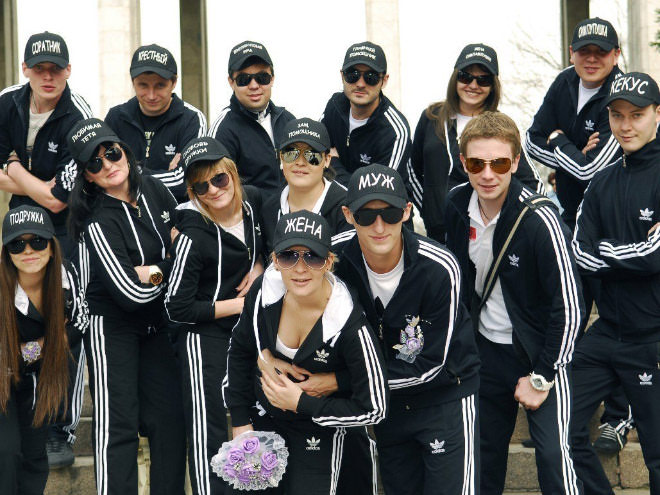 guess which country, wedding party all dressed in adidas