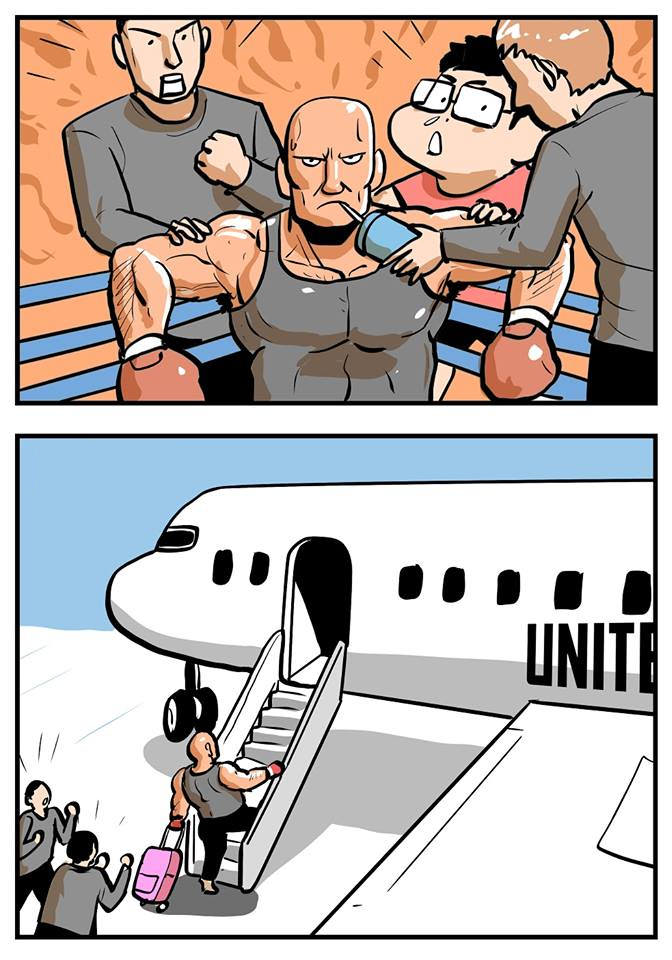 you need to be prepared to fly united airlines, comic, boxing match, boarding plane
