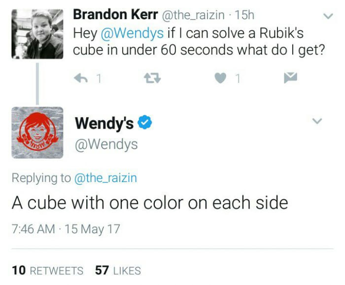 hey wendys if i can solve a rubies' cube in under 60 seconds what do i get?, a cube with one color on each side