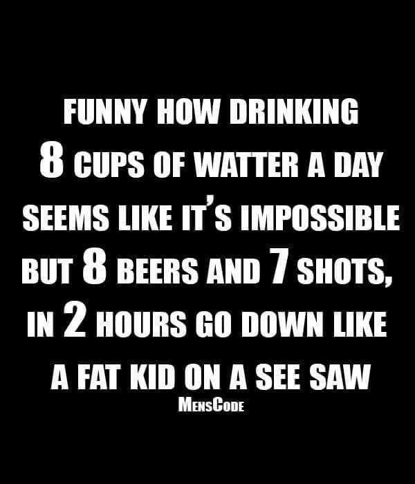 funny how drinking 8 cups of water a day seems like it's impossible, but 8 beers and 7 shots, in 2 hours go down like a fat kid on a see saw