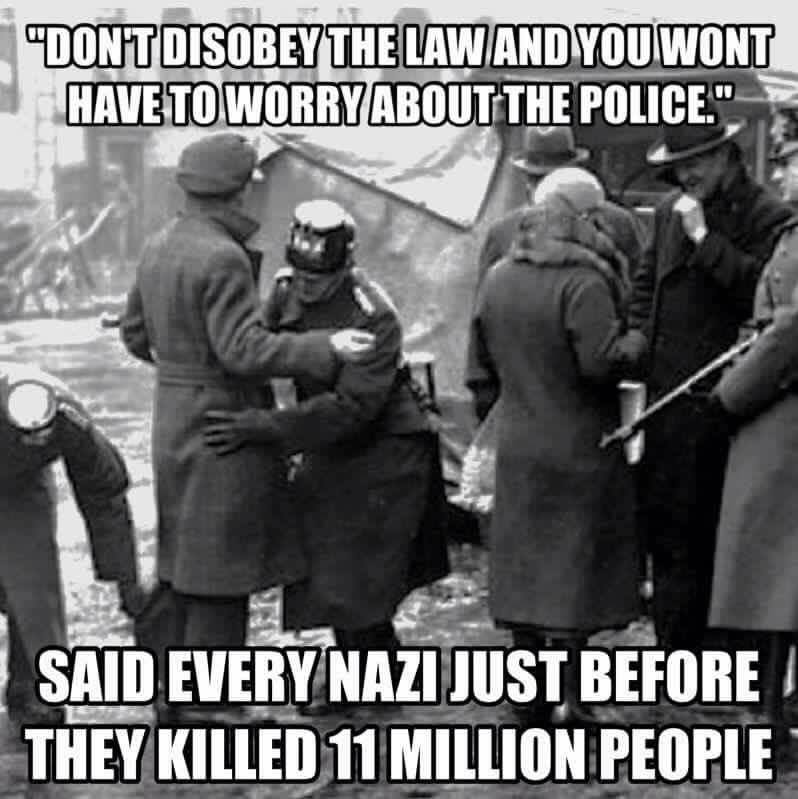 don't disobey the law and you won't have to worry about the police, said every nazi just before they killed 11 million people, meme