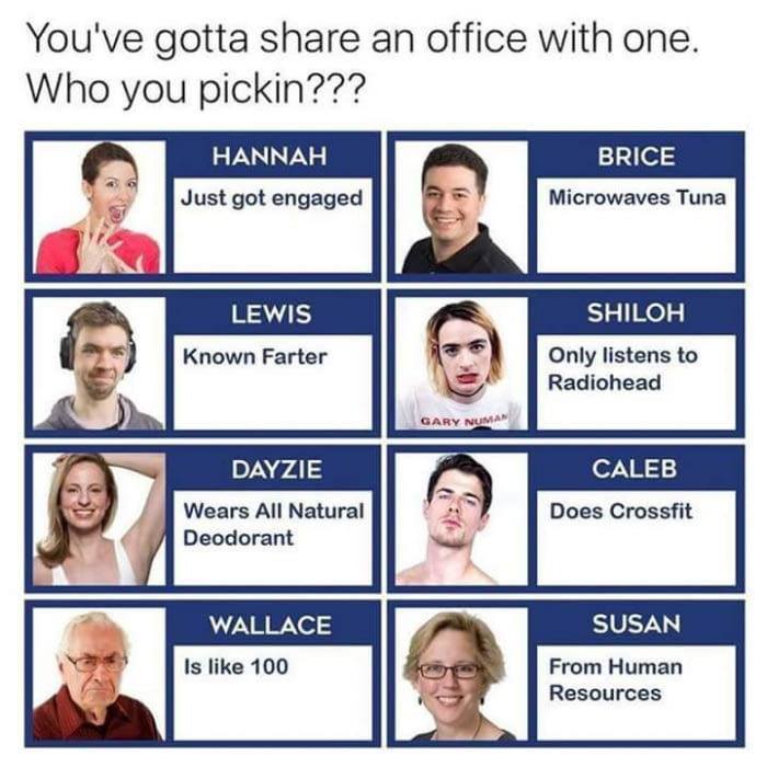 you've gotta share an office with one, who you picking?