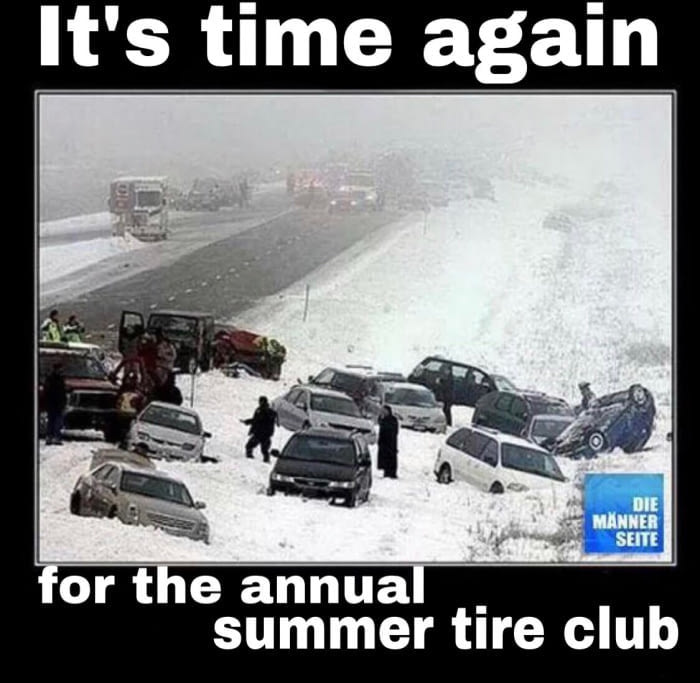 it's time again for the annual summer tire club, car pile up in snow