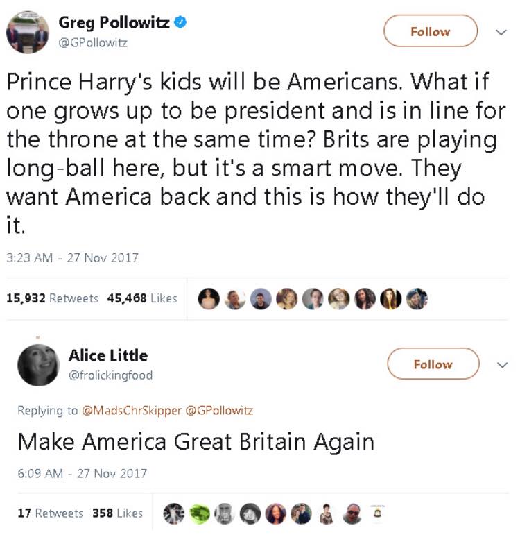 prince harry's kids will be americans, what if one grows up to be president and is in line for the throne at the same time?, brits are playing long ball here, they want america back, make america great britain again