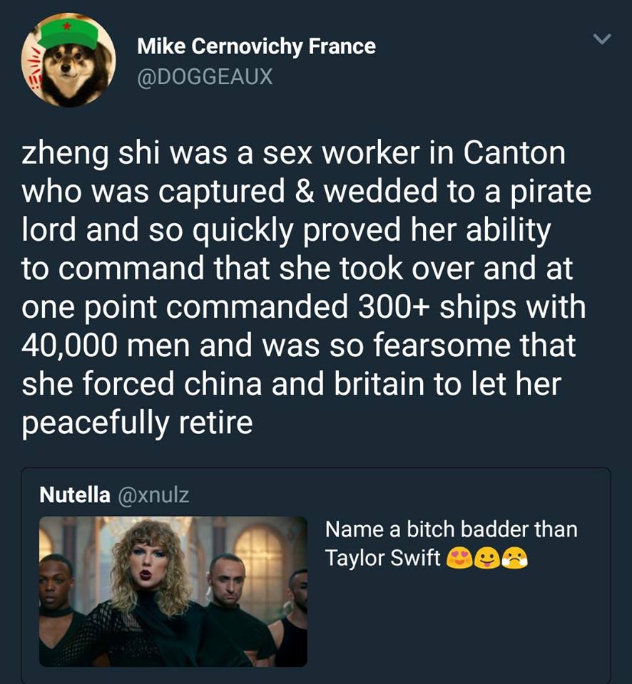 zheng shi was a sex worker in canton who was captured and wedded to a pirate lord and so quickly proved her ability to command that she took over and commanded 300+ ships and 40000 men