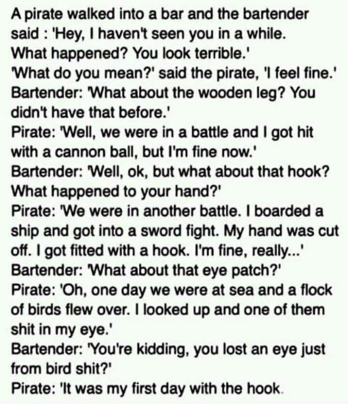 a pirate walked into a bar and the bartender said, joke