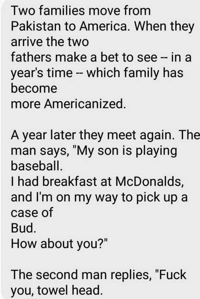 two families move from pakistan to america, when they arrived the two others make a bet to see which family has become more americanized, a year later they meet again, my son is playing baseball, fuck you towel head
