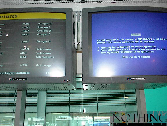blue screen of death at the airport