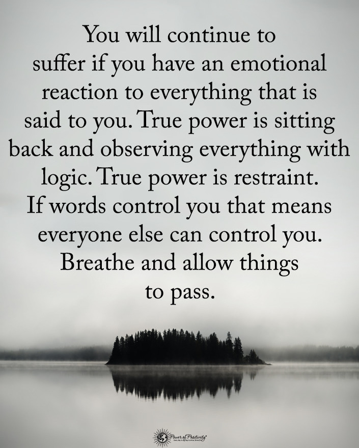 you will continue to suffer if you have an emotional reaction to everything that is said to you, true power is sitting back and observing everything with logic, true power is restraint, breathe and allow things to pass