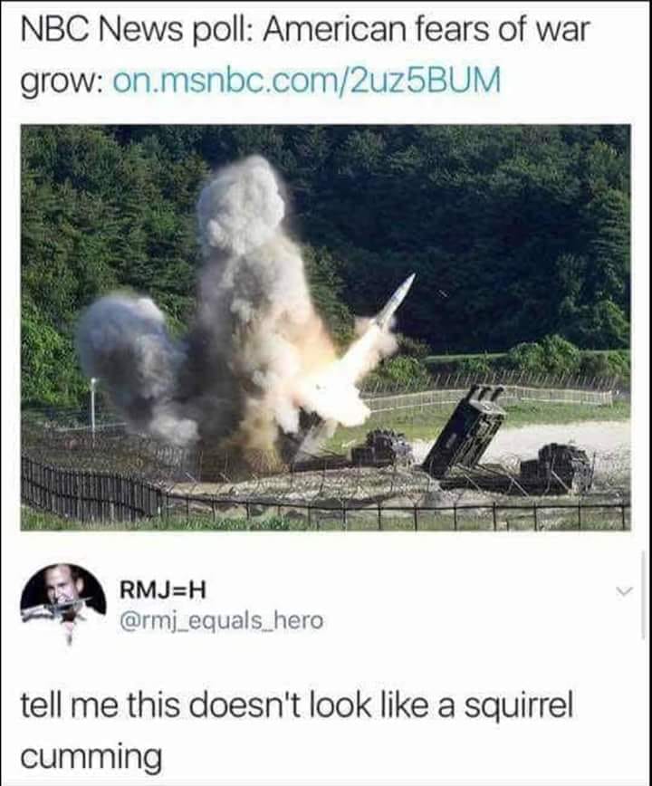 tell me this doesn't look like a squirrel cumming, american fears of war grows